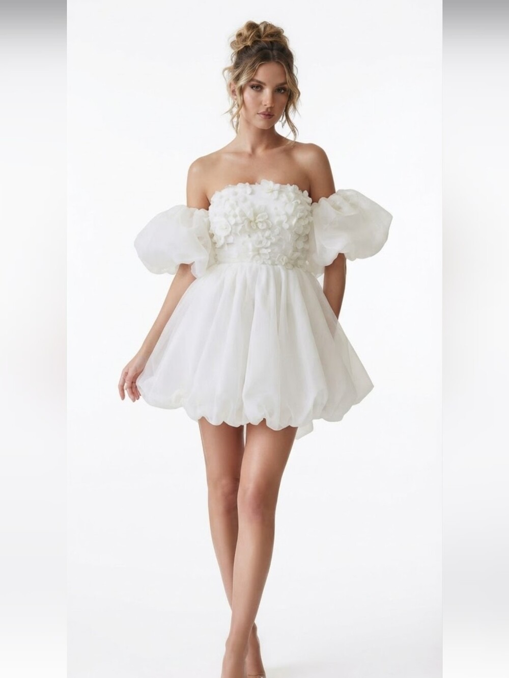 White Satin High Low Ball Gown Big Bow, Short Sleeve,  Off The Shoulder …